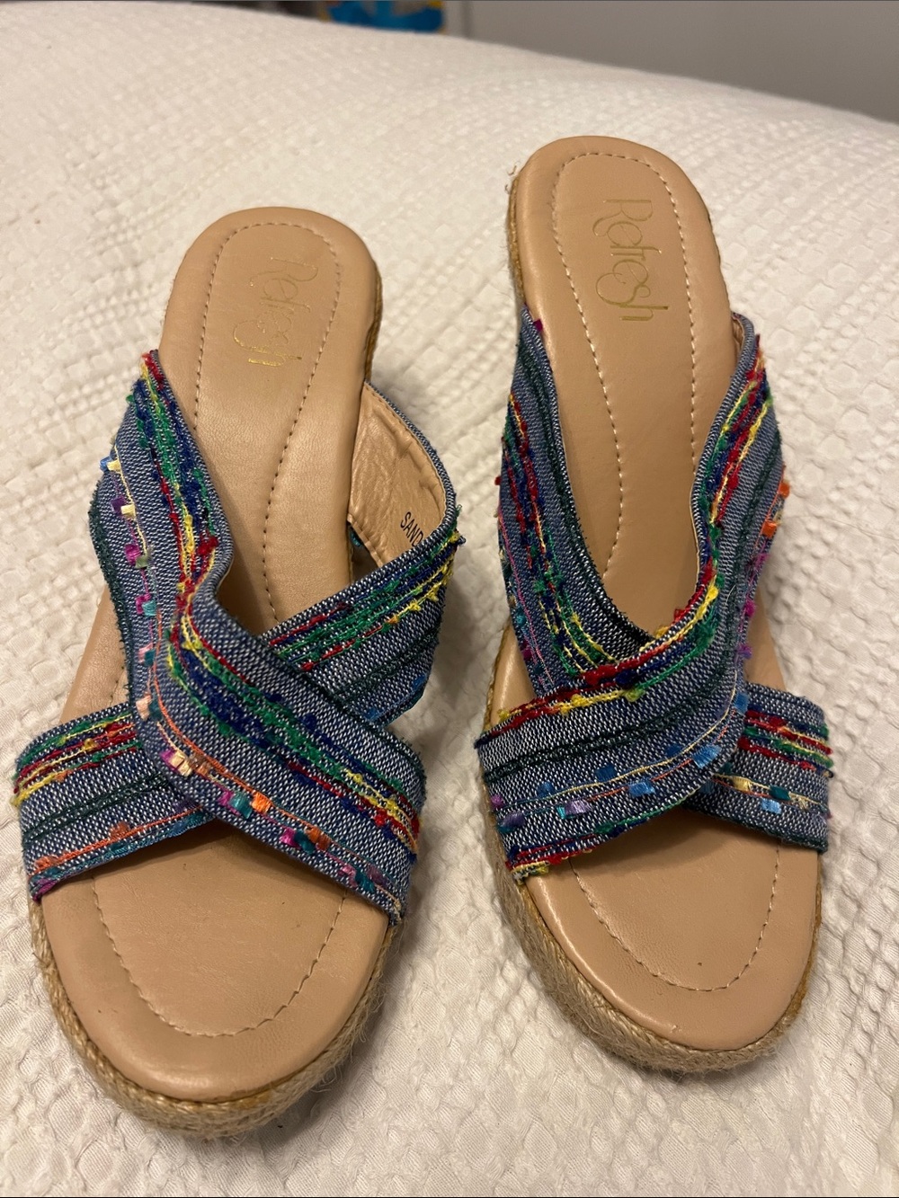 Multicolor Strappy Denim Espadrille Wedge Mules